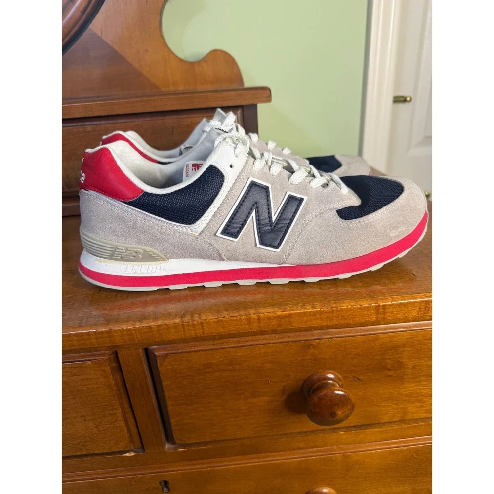 New Balance 574 Classic Mens 12  Grey Navy Red Suede Sneakers ML574 retro